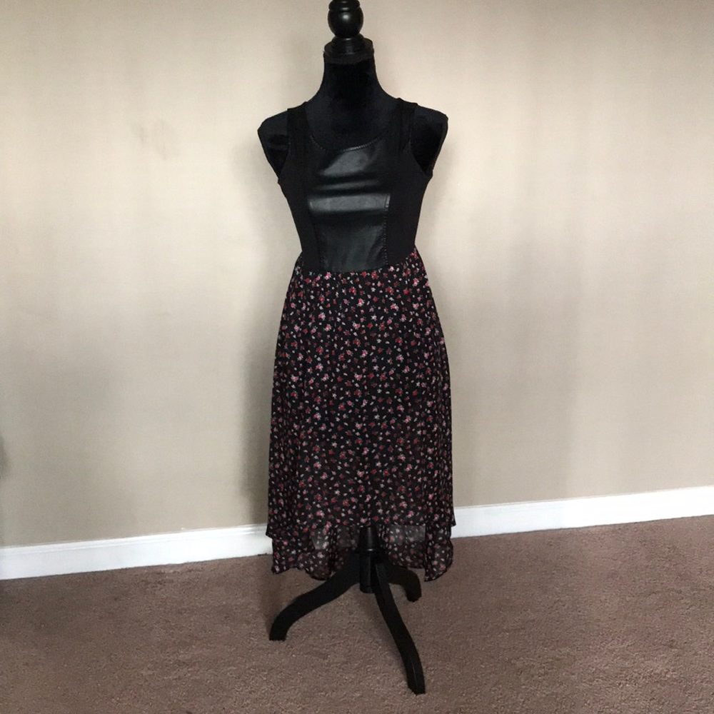 Black flower print high low dress